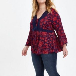 Lace-Up Babydoll Top - Crinkle Gauze Floral Red & Navy